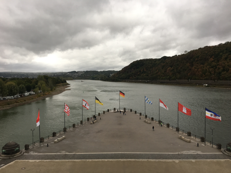 The view from the highest accessible point of the plinth of the statue. Mosel on the left, Rhine on the Right. This was a good spot for recent German immigrant duurtlang to practise the German Bundesländer.